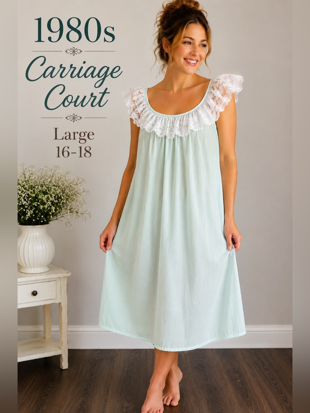 Vintage 1980s Carriage Court Pale Aqua Blue Lace Nightgown L 16/18 USA